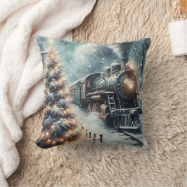 Ouderwetse trein en  winterscène kussen