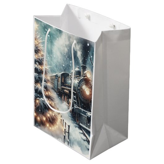 Ouderwetse trein en  winterscène medium cadeauzakje (Voorkant Gekanteld)