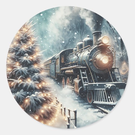 Ouderwetse trein en  winterscène ronde sticker (Voorkant)
