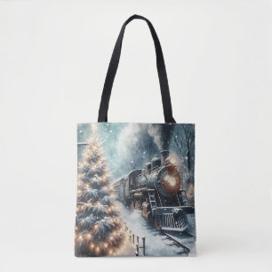 Ouderwetse trein en winterscène tote bag