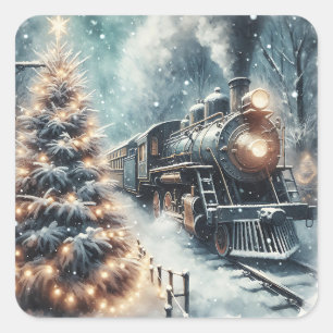 Ouderwetse trein en  winterscène vierkante sticker