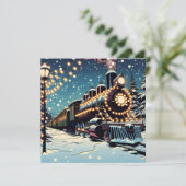 Ouderwetse trein op een kerstnacht feestdagenkaart (Staand voorkant)