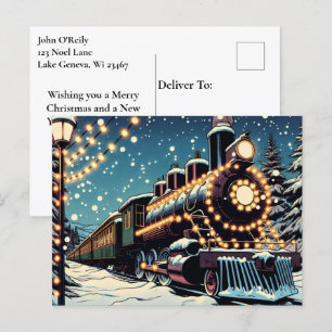 Ouderwetse  trein op een kerstnacht feestdagenkaart