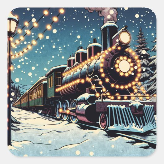 Ouderwetse  trein op een kerstnacht vierkante sticker (Voorkant)