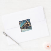 Ouderwetse  trein op een kerstnacht vierkante sticker (Envelop)