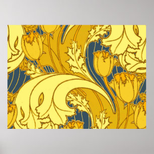 Ouderwetse Tulpen Blauw Goud Patroon Poster