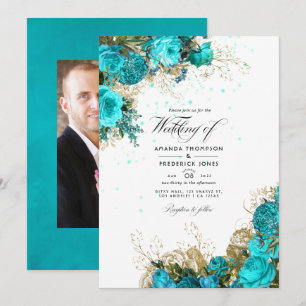 Ouderwetse turquoise en gouden shabby trouwfoto kaart