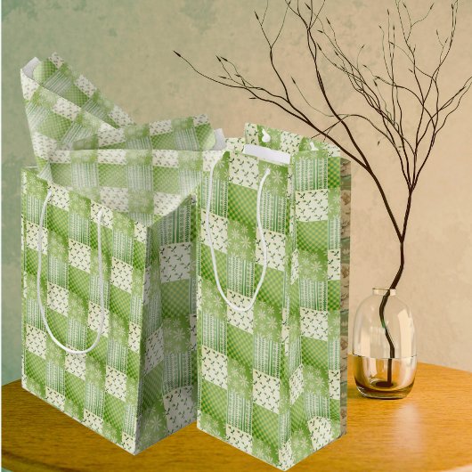 Ouderwetse uitstraling groen geel ecru patchwork wijn cadeautas