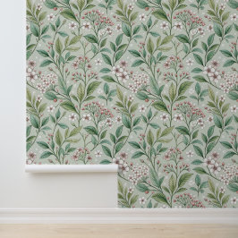 Ouderwetse uitstraling groene Toile en witte bloem Behang