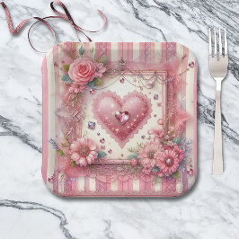 Ouderwetse Valentijnshart met bloemen in Victoriaa Papieren Bordje