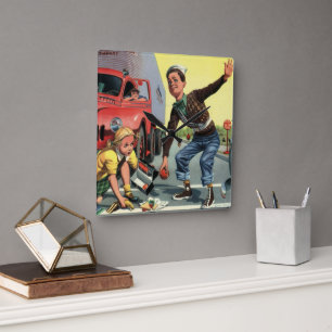 Ouderwetse verkeersregelaar helpt meisje vierkante klok