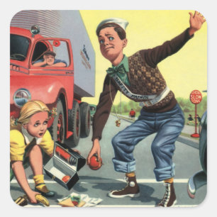Ouderwetse verkeersregelaar helpt meisje vierkante sticker