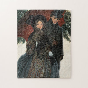 Ouderwetse Victoriaans Paar Wandelen in de Sneeuw Legpuzzel