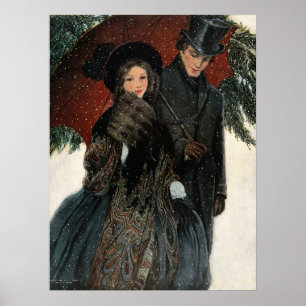 Ouderwetse Victoriaans Paar Wandelen in de Sneeuw Poster