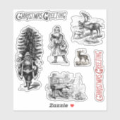 Ouderwetse Victoriaanse kerstgroet Santa Deer Sticker (Vel)