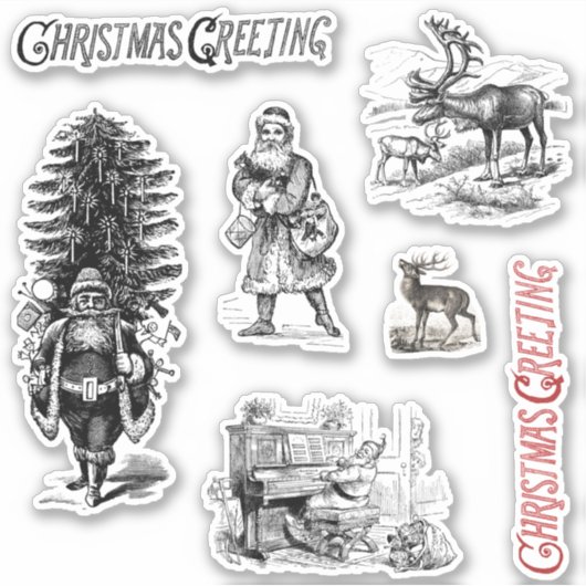 Ouderwetse Victoriaanse Kerstgroet Santa Herten  Sticker (Voorkant)