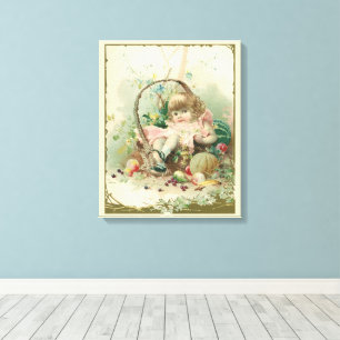 Ouderwetse Victoriaanse kind, meisje lente fruitma Canvas Afdruk