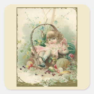 Ouderwetse Victoriaanse kind, meisjes lente fruitm Vierkante Sticker