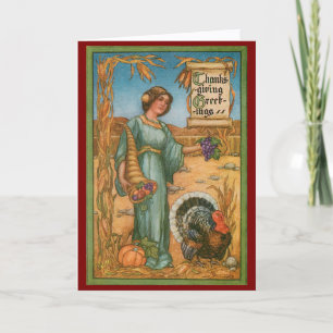 Ouderwetse vrouw en kalkoen Thanksgiving kaart