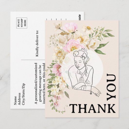 Ouderwetse vrouw uit de jaren 40 bloemige dankjewe briefkaart (Voorkant / Achterkant)