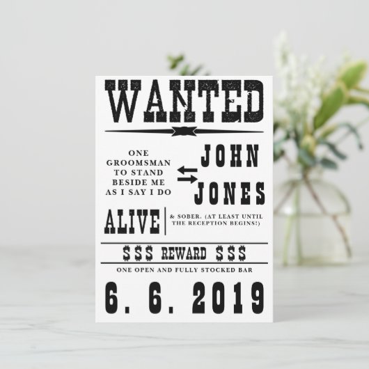 Ouderwetse Wanted Bruidsjonker Kaart Uitnodiging (Staand voorkant)