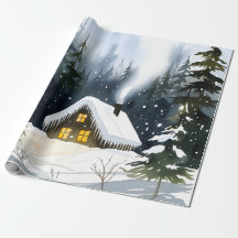 Ouderwetse watercolor Kerstmis in een winterhut