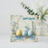 Ouderwetse waterverf blauwe & gele paaseieren feestdagenkaart (Staand voorkant)