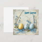 Ouderwetse waterverf blauwe & gele Pasen eieren Feestdagenkaart (Voorkant / Achterkant)