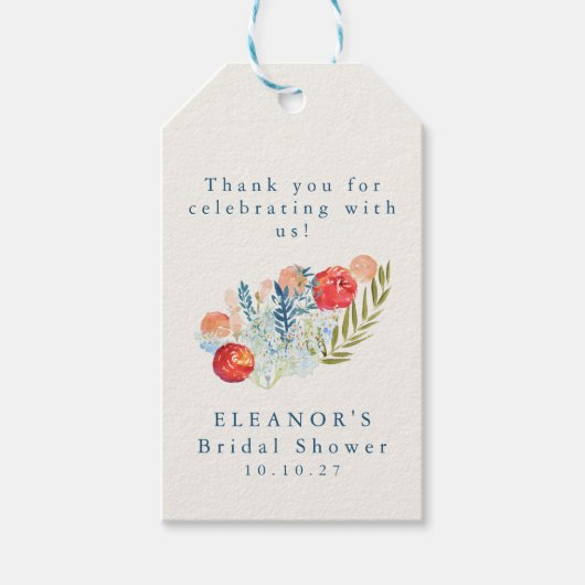Ouderwetse waterverf blauwe rode bloem bruiloftsbo cadeaulabel (Voorkant)