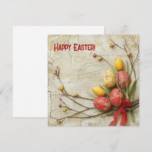 Ouderwetse waterverf rode en gele Pasen eieren Feestdagenkaart (Voorkant / Achterkant)