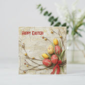 Ouderwetse waterverf rode en gele Pasen eieren Feestdagenkaart (Staand voorkant)
