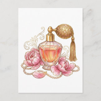 Ouderwetse waterverfparfumfles & roze pioenrozen briefkaart