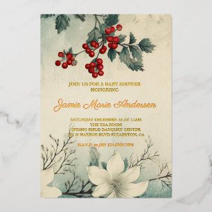 Ouderwetse Winter Bloem Kerst Baby Borrel Folie Uitnodiging