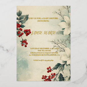 Ouderwetse Winter Bloem Kerst Baby Borrel Folie Uitnodiging