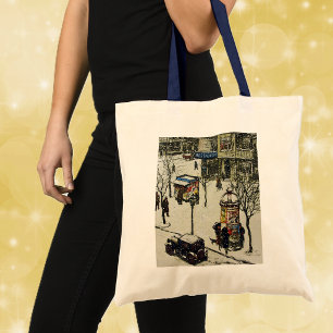 Ouderwetse winter stadsstraat scène tote bag