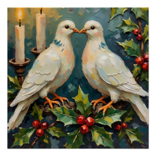 Ouderwetse witte duiven en hulstguirlande kerststu perfect poster