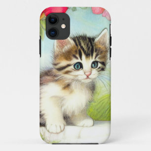 Ouderwetse witte en bruine kitten met bloemen Case-Mate iPhone case