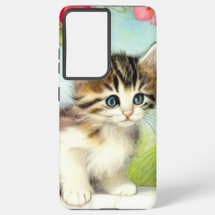 Ouderwetse witte en bruine kitten met bloemen samsung galaxy hoesje