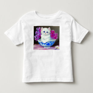 Ouderwetse witte kat met roze bloemen  kinder shirts