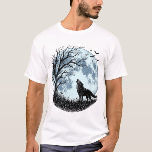Ouderwetse Wolf Huilende Maan Boom Silhouet Ontwer T-shirt