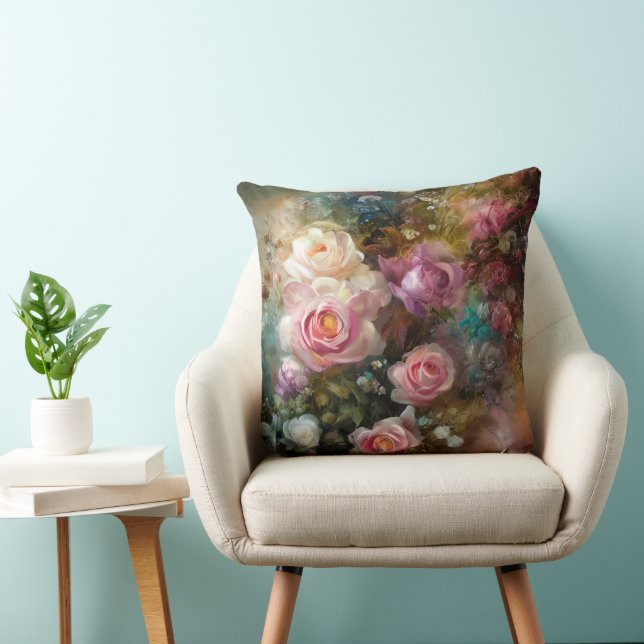 Ouderwetse zachte witte en roze rozen geschilderd kussen (Stoel)