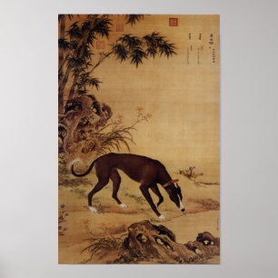 Ouderwetse Zwarte Greyhound & Roze Bloesem Poster