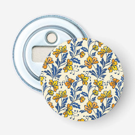 Oudgele Geel Oranje Folk Bloemmotief Blauwe Blad Button Flesopener