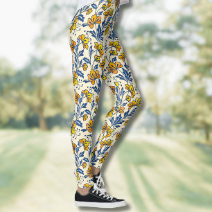 Oudgele Geel Oranje Folk Bloemmotief Blauwe Blad Leggings