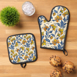 Oudgele Geel Oranje Folk Bloemmotief Blauwe Blad Ovenwant & Pannenlap Set