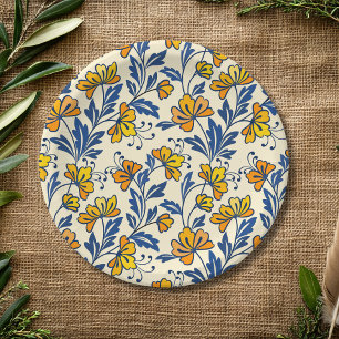 Oudgele Geel Oranje Folk Bloemmotief Blauwe Blad Papieren Bordje
