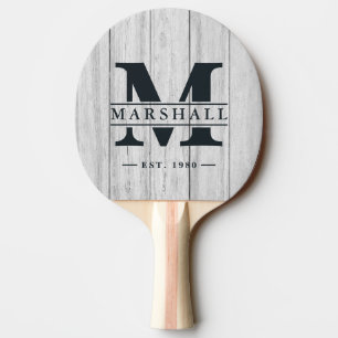 Oudgrijze Houten Planken Monogram & Naam Overlay Tafeltennisbatje