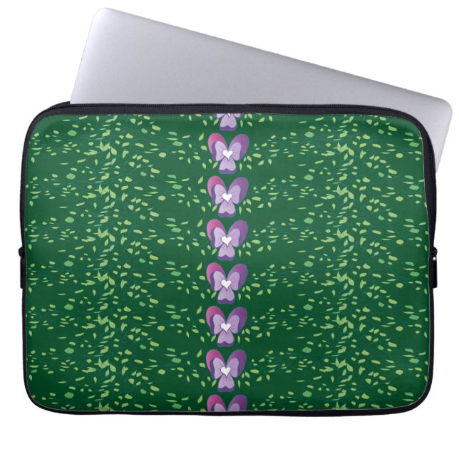 Oudgroene bloemmotief viooltjes behangpatroon laptop sleeve (Voorkant)