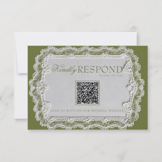 Oudgroene kant retro QR-code bruiloft RSVP Kaartje (Voorkant)