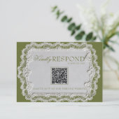 Oudgroene kant retro QR-code bruiloft RSVP Kaartje (Staand voorkant)